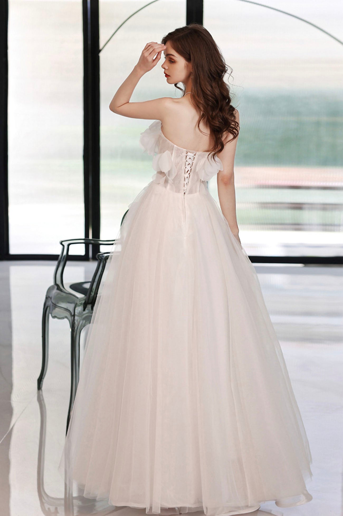 White Flowers Long A-Line Prom Dress, Strapless Evening Party Dress