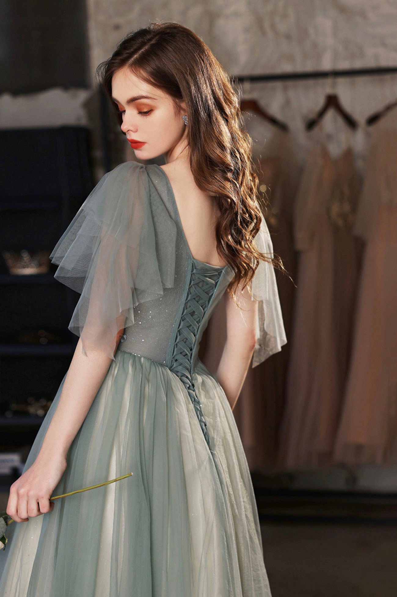 Green V-Neck Tulle Long Prom Dress, Cute A-Line Graduation Dress Green V-Neck Tulle Long Prom Dress, Cute A-Line Graduation Dress