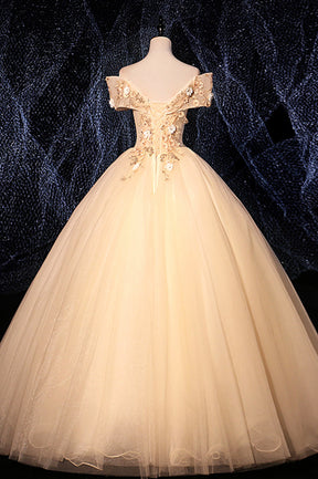 Champagne V-Neck Lace Long Ball Gown, Off the Shoulder Formal Evening Dress
