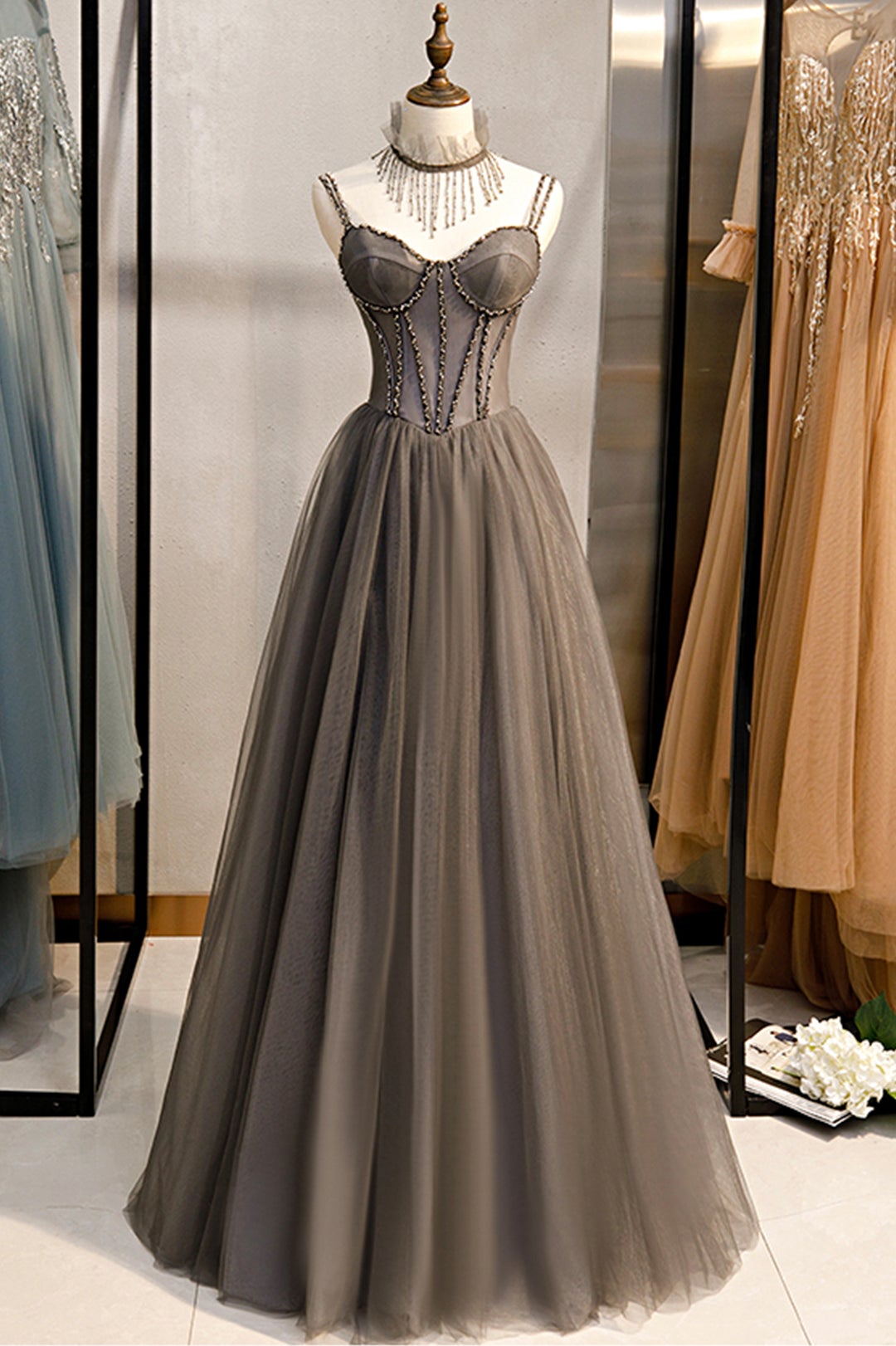 A-Line Tulle Long Prom Dress with Beading, Cute Evening Party Dress