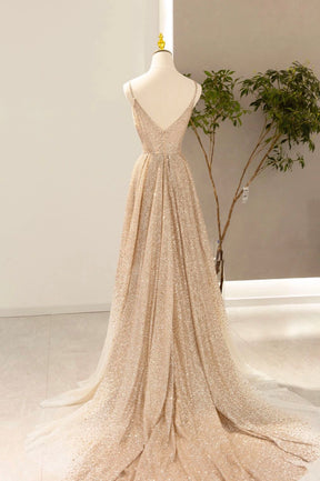 Gold V-Neck Sequins Long Prom Dress, Shiny A-Line Evening Formal Dress