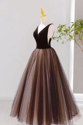 Black V-neck Tulle Short Prom Dress, A-Line Black Tea Length Party Dress