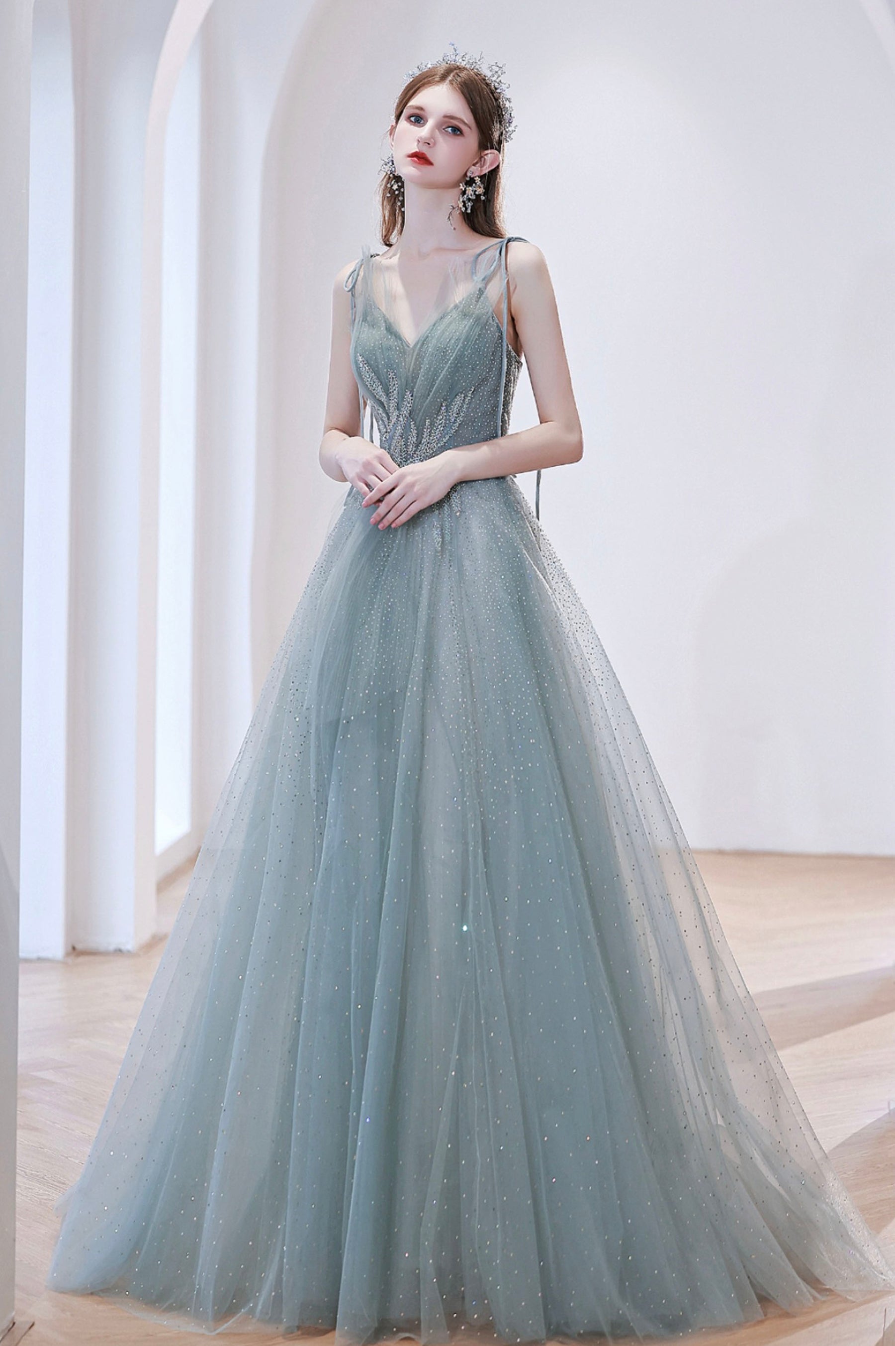 Cute V-Neck Tulle Long Prom Dress, Beautiful Spaghetti Straps Evening Dress
