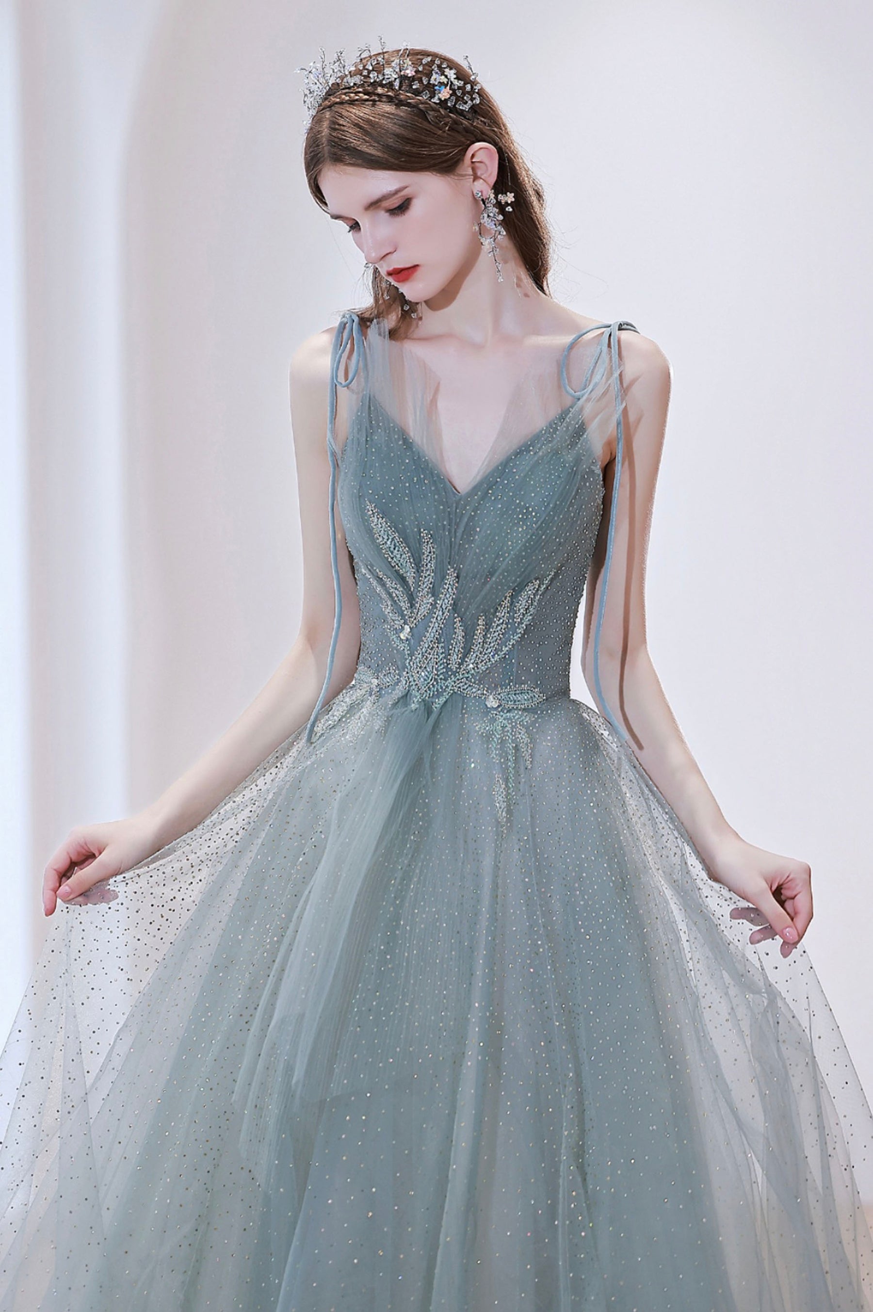 Cute V-Neck Tulle Long Prom Dress, Beautiful Spaghetti Straps Evening Dress