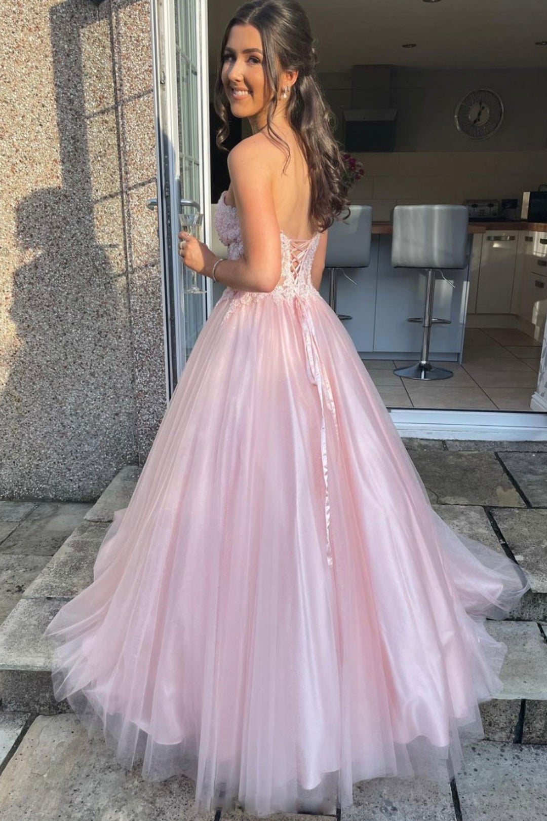 Pink Tulle Lace Long A-Line Prom Dress, Lovely Strapless Evening Graduation Dress