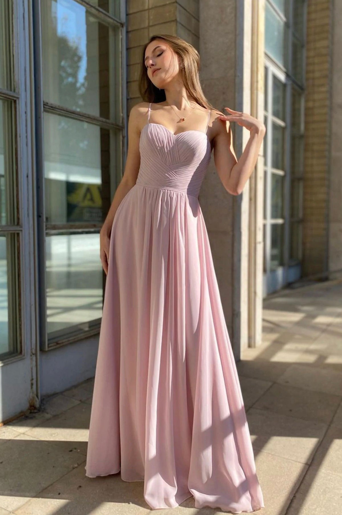 Pink Chiffon Long A-Line Prom Dress, Simple Evening Party Dress