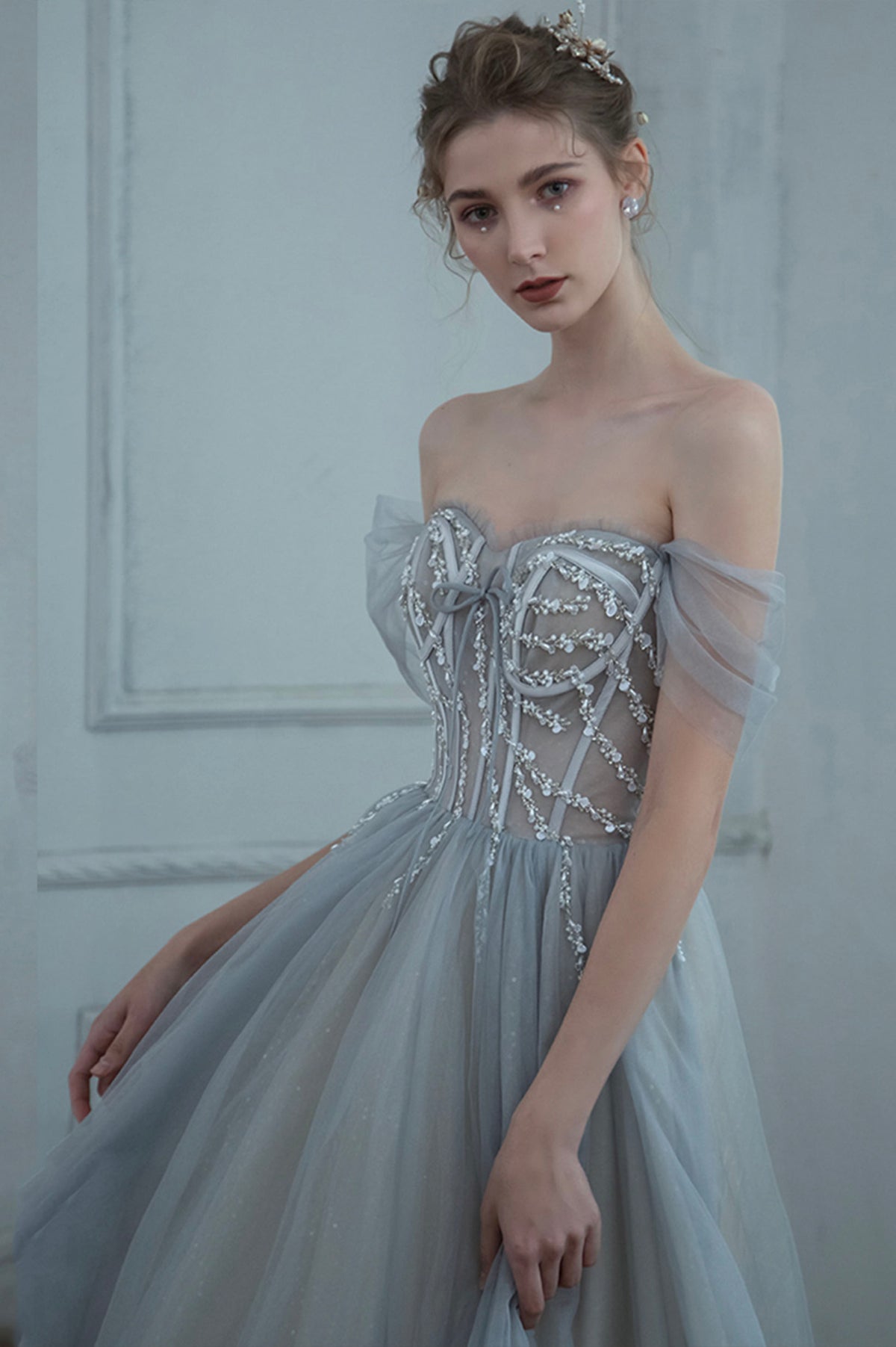 Off the Shoulder Tulle Long Prom Dress, Gray A-Line Evening Dress with Beaded