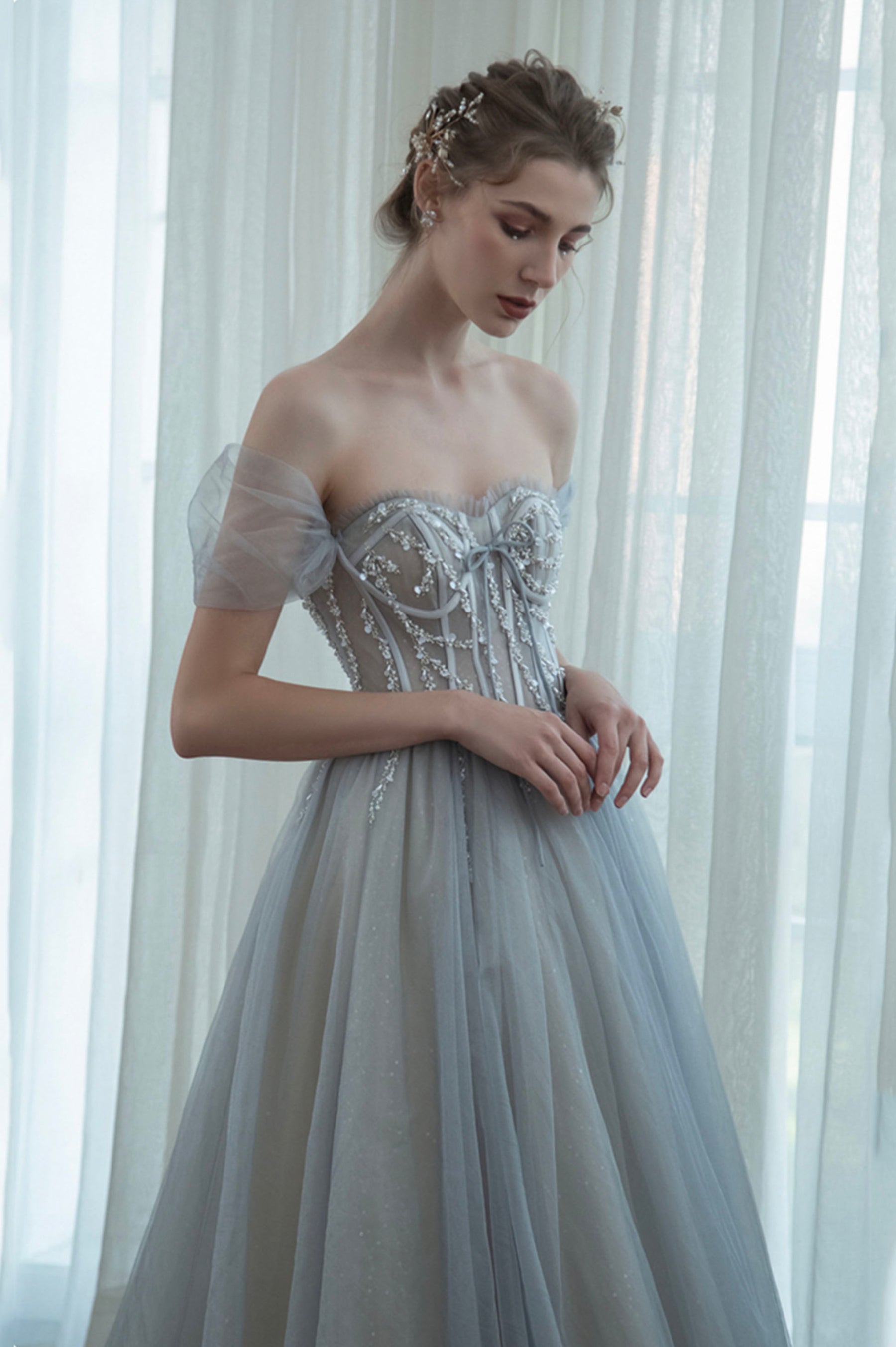 Off the Shoulder Tulle Long Prom Dress, Gray A-Line Evening Dress with Beaded