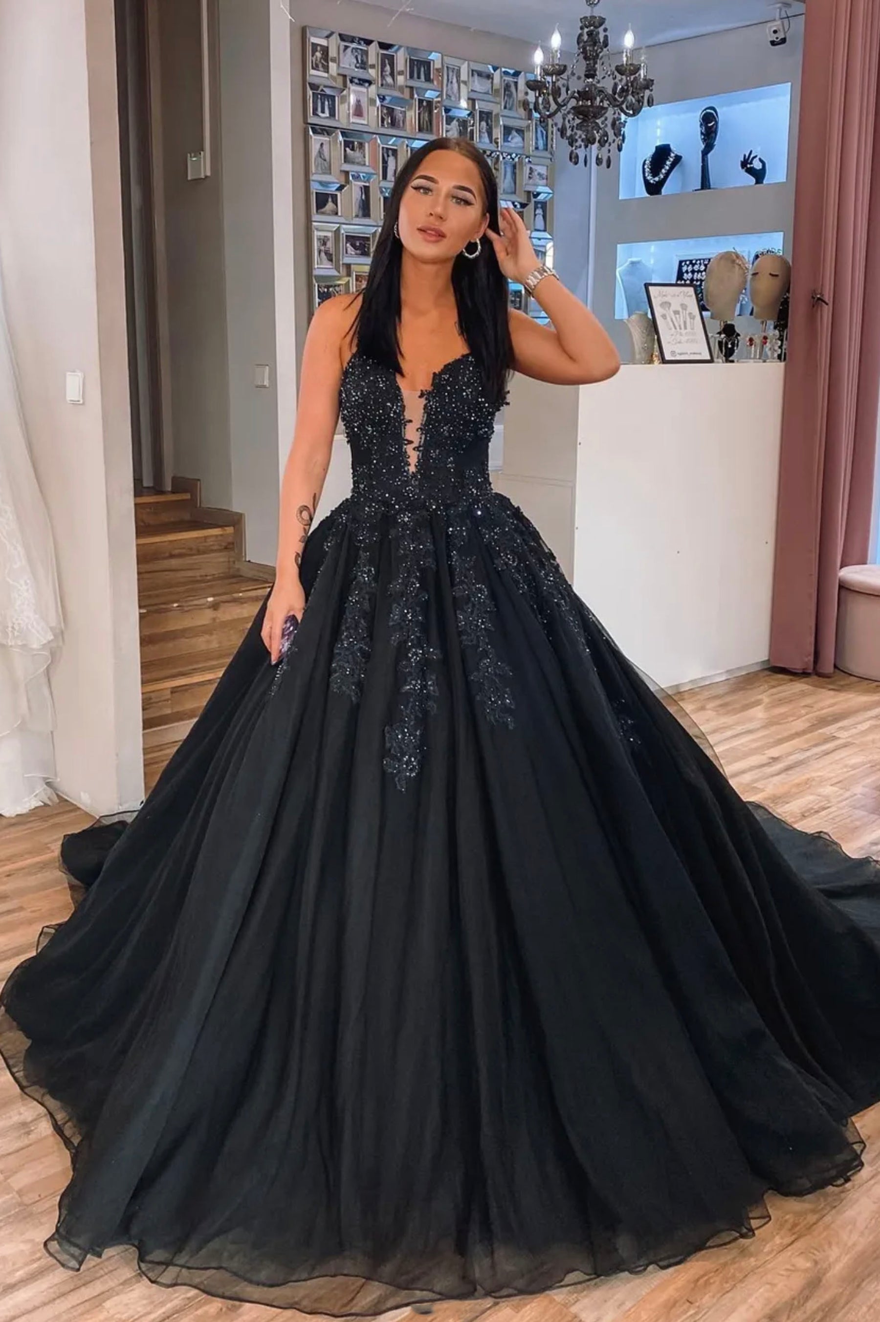 Plunging V-Neck Black Lace Prom Dress, Spaghetti Straps Formal Evening