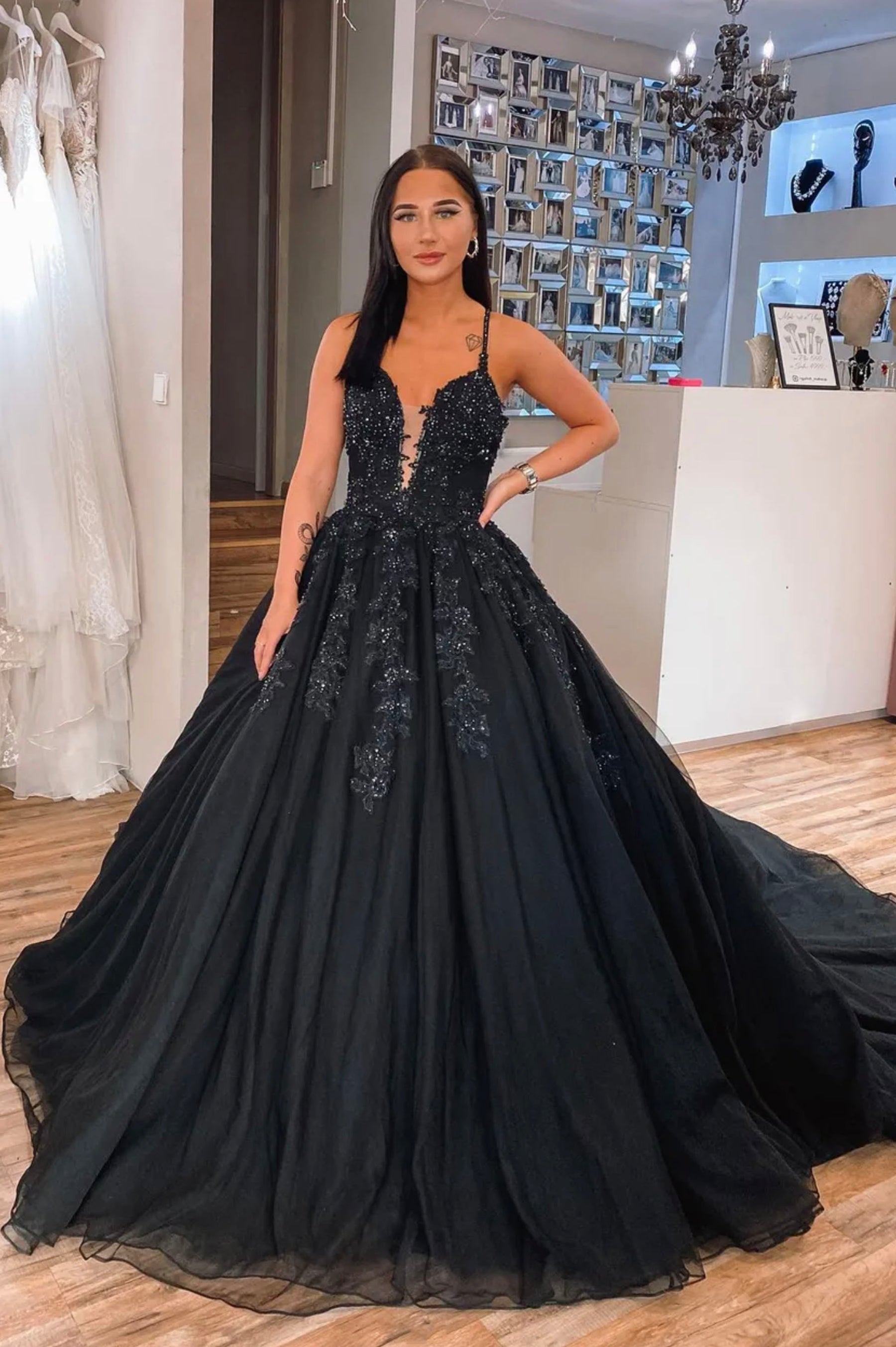 Plunging V-Neck Black Lace Prom Dress, Spaghetti Straps Formal Evening Plunging V-Neck Black Lace Prom Dress, Spaghetti Straps Formal Evening