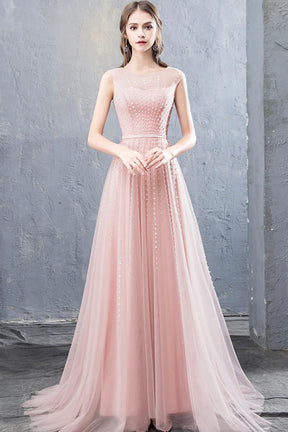 Pink Scoop Tulle Prom Dress with Beaded, Pink Floor Length Party Dress
