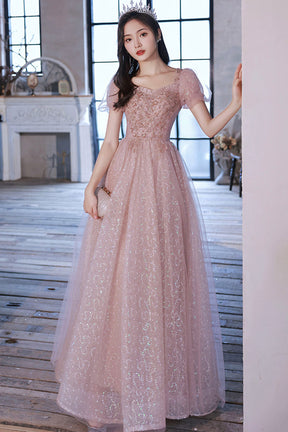 Pink Sequins and Lace Long Formal Dress, Cute Short Sleeve Evening Dre Pink Sequins and Lace Long Formal Dress, Cute Short Sleeve Evening Dre