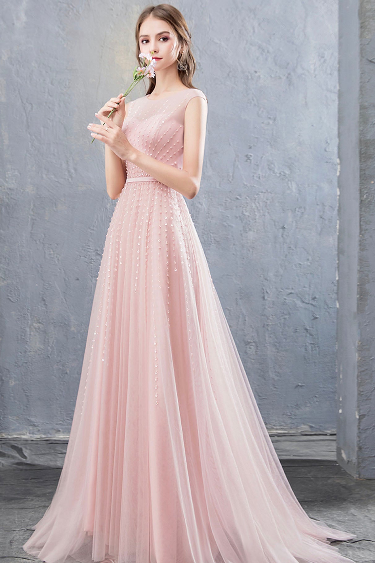 Pink Scoop Tulle Prom Dress with Beaded, Pink Floor Length Party Dress