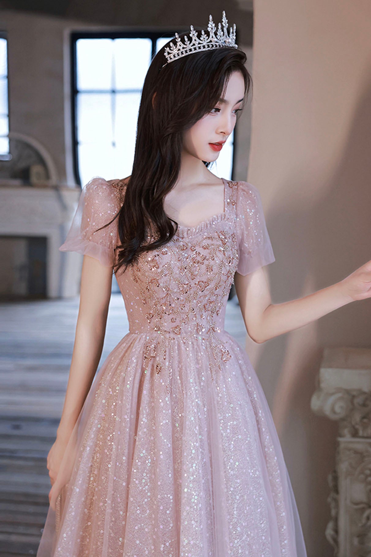 Pink Sequins and Lace Long Formal Dress, Cute Short Sleeve Evening Dress