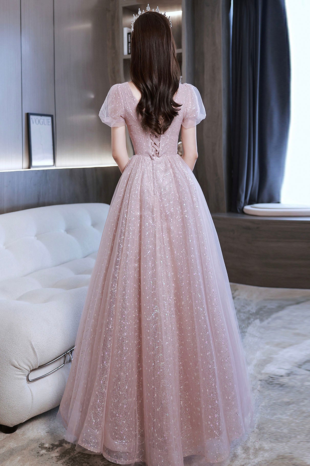 Pink Sequins and Lace Long Formal Dress, Cute Short Sleeve Evening Dress