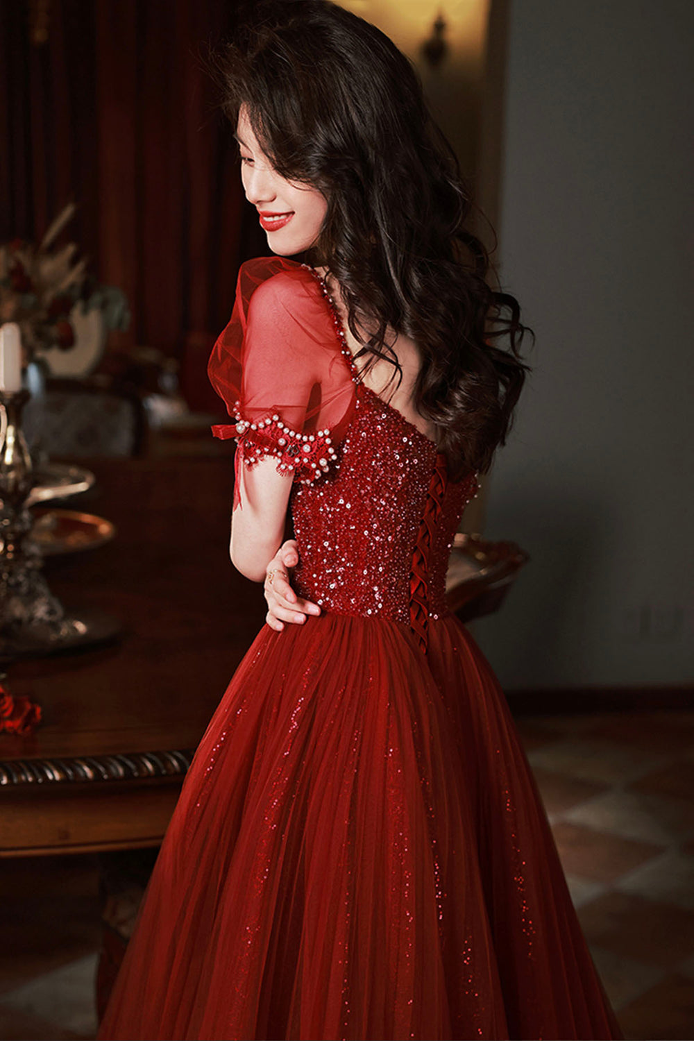 Vintage Burgundy Long A Line Prom Dress Romantic Evening Dress Party Gown cc1527 main image 0