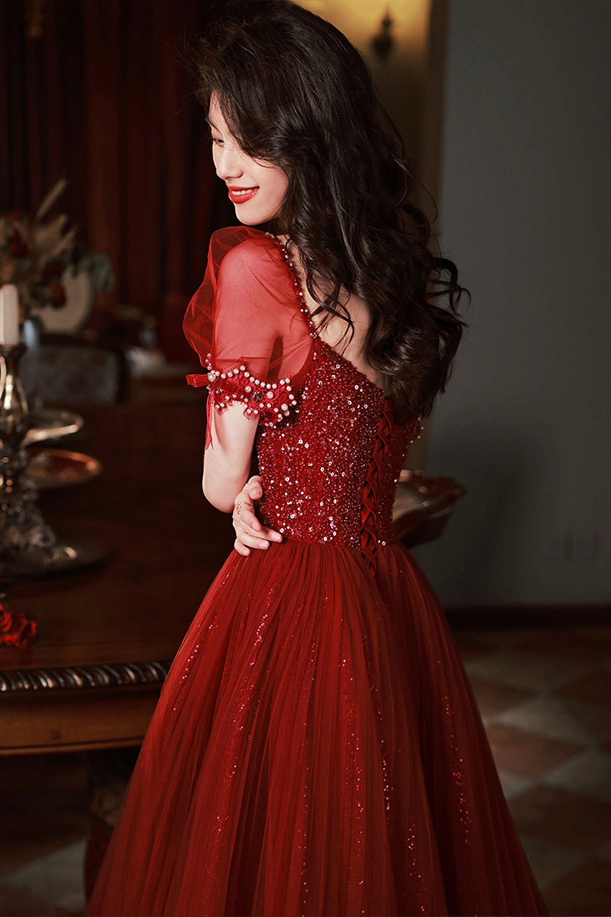 Burgundy Beaded Chic Long A-Line Prom Dress, Cute Short Sleeve Party Dress
