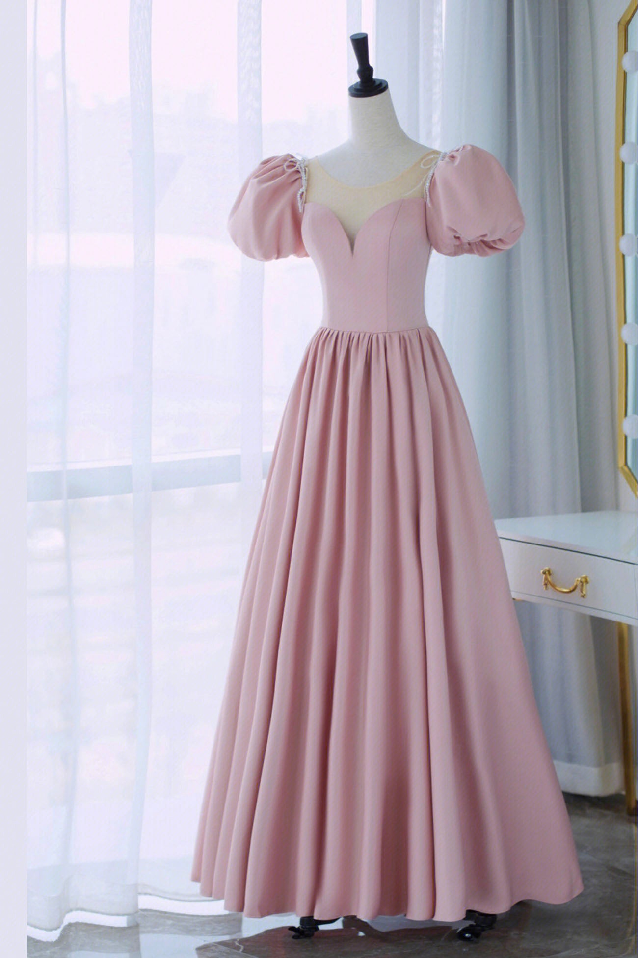 Pink Scoop Neckline Satin Prom Dress, Pink Floor Length Party Dress
