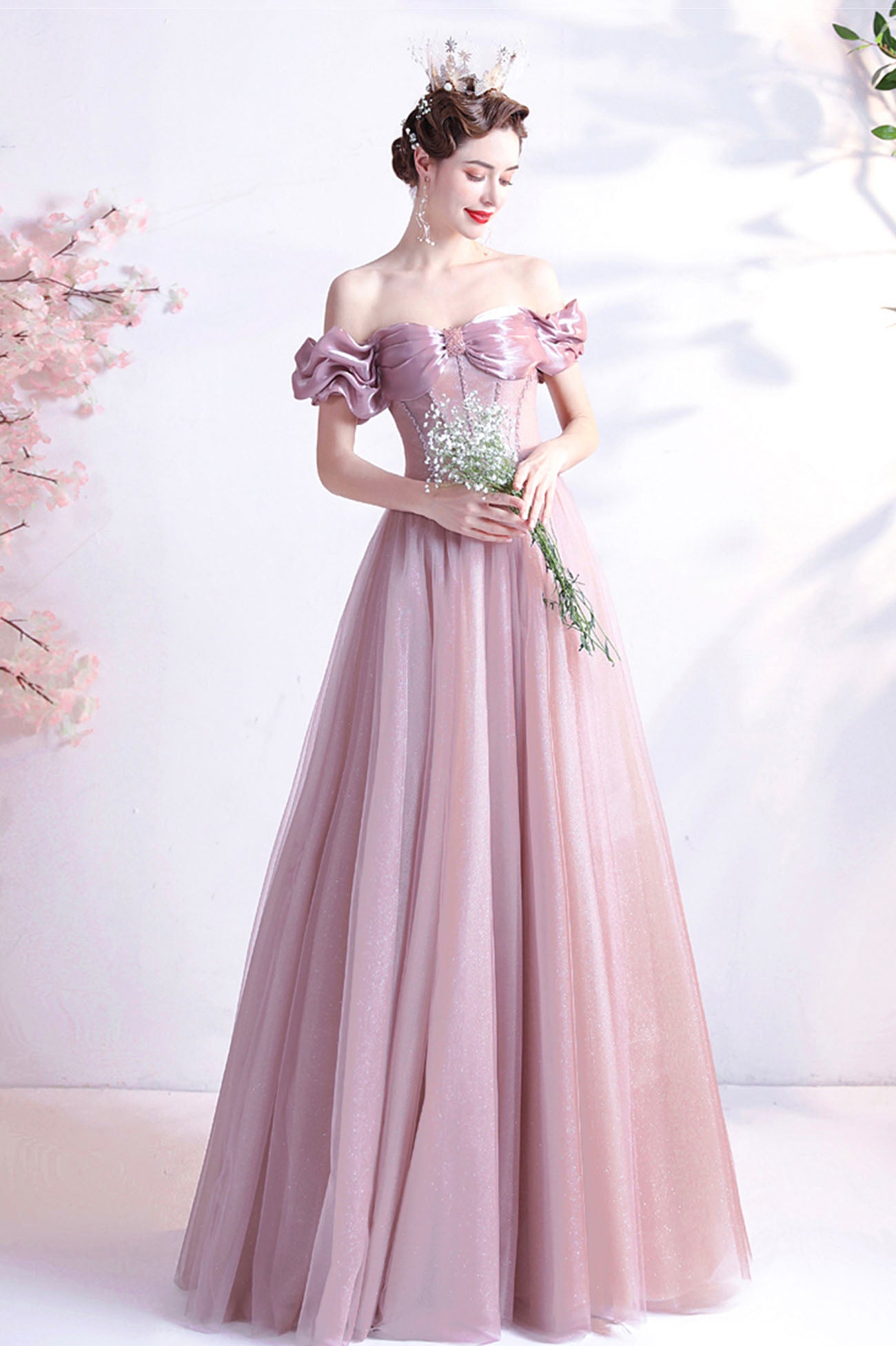 Pink Sweetheart with Beaded Tulle Prom Dresses, Pink Long Formal Dresses