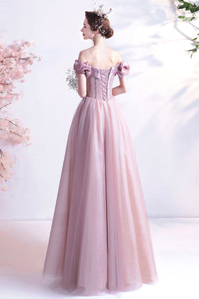 Pink Sweetheart with Beaded Tulle Prom Dresses, Pink Long Formal Dresses