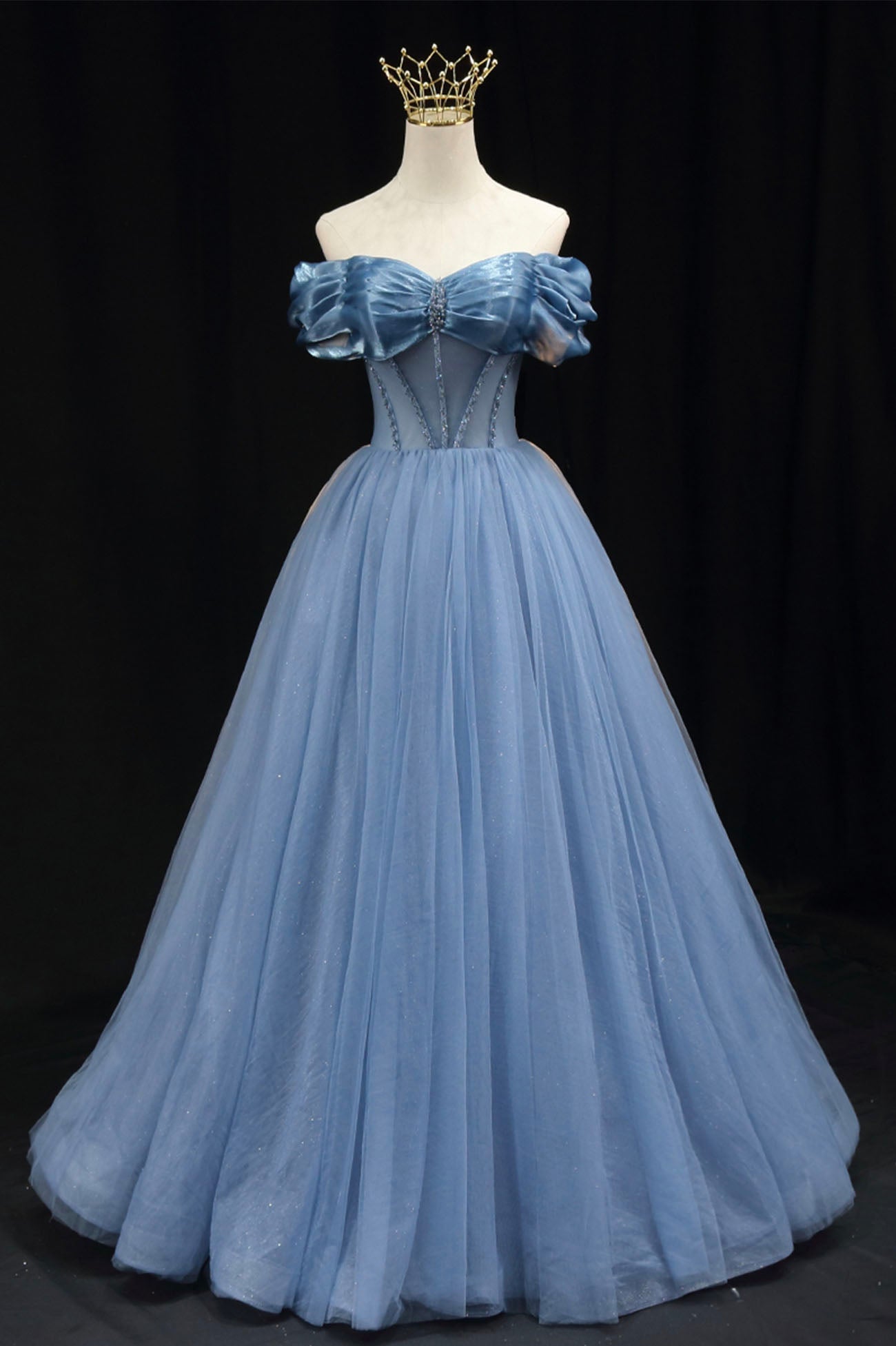 Blue Sweetheart Tulle Long Formal Dress, Off the Shoulder Evening Graduation Dress