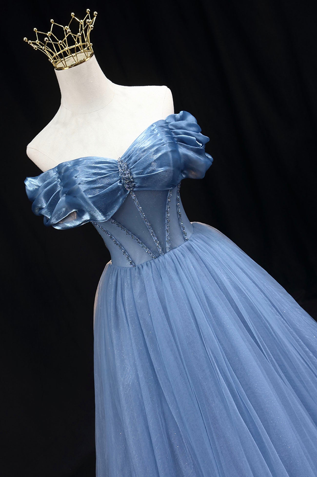 Blue Sweetheart Tulle Long Formal Dress, Off the Shoulder Evening Graduation Dress