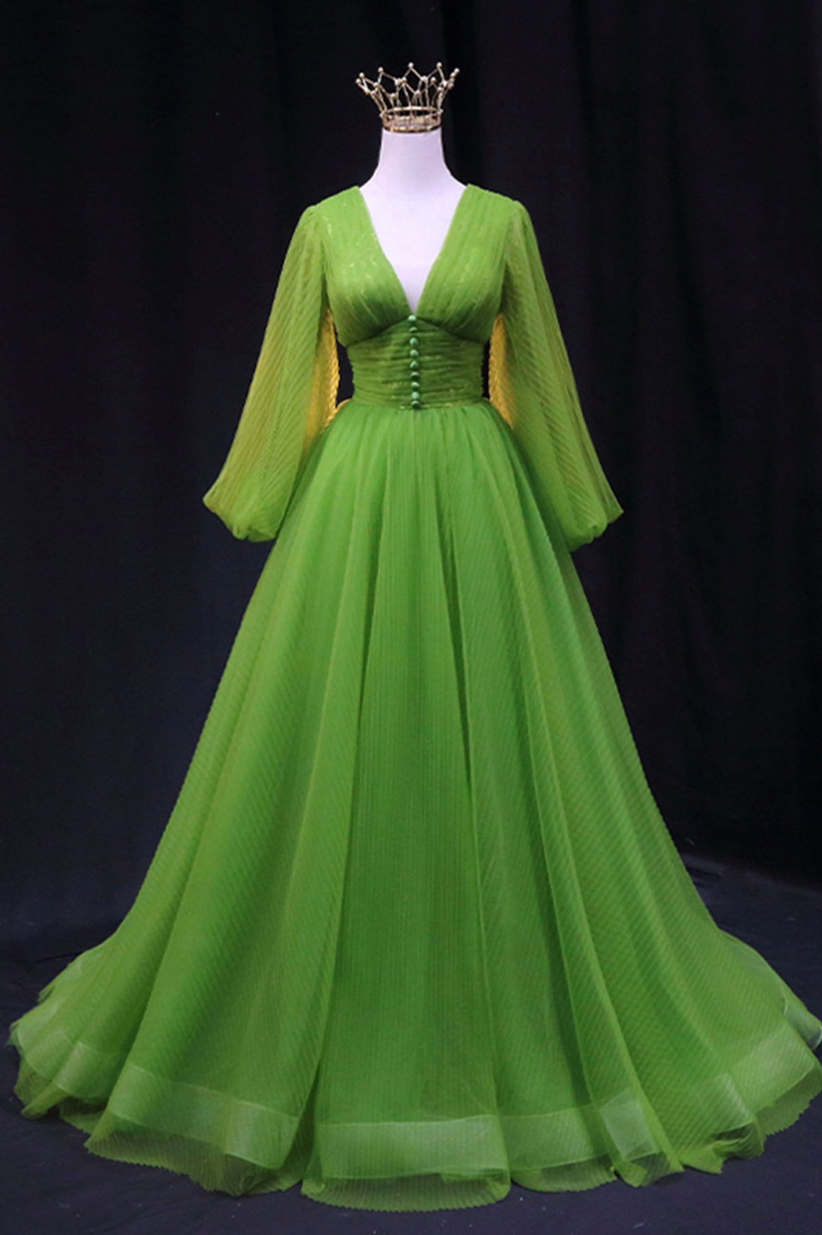 Green V-Neck Tulle Long Prom Dress, Long Sleeve Green Formal Evening Dress