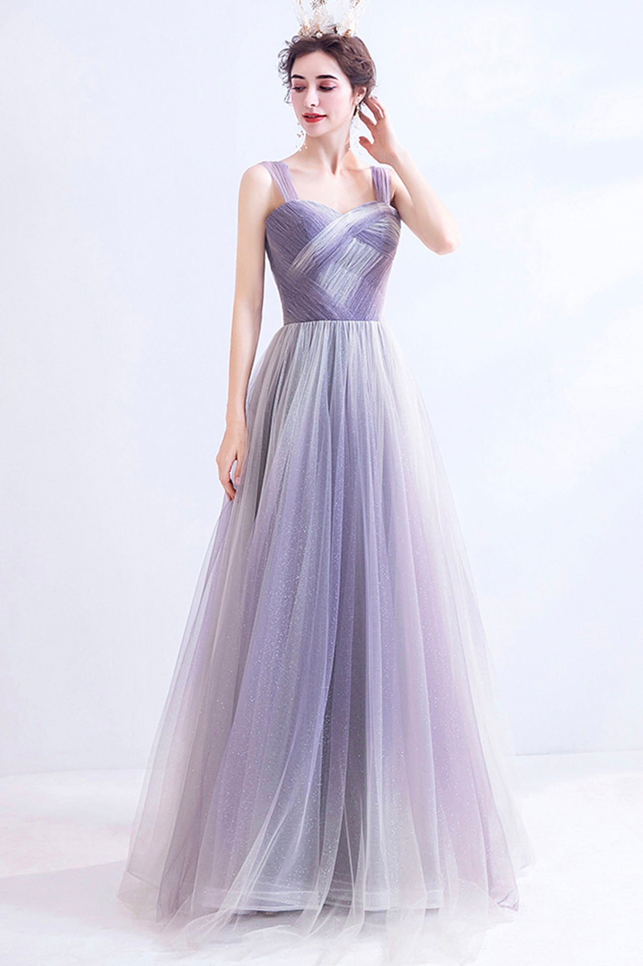 Dusty Purple A Line Tulle Long Bridesmaid Dresses PB139