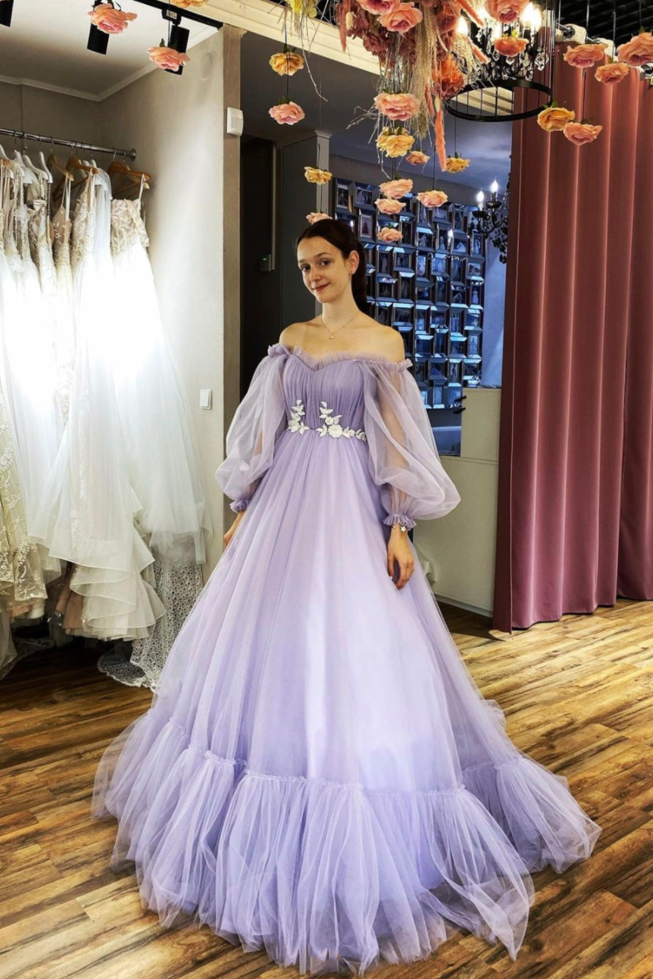 Purple Tulle Lace Long A-Line Prom Dress, Off the Shoulder Evening Dress
