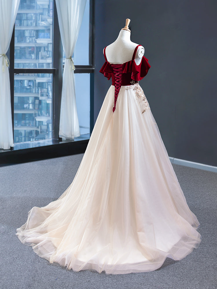 Burgundy Velvet Lace Long Prom Dress, A-Line Off Shoulder Evening Dres Burgundy Velvet Lace Long Prom Dress, A-Line Off Shoulder Evening Dres