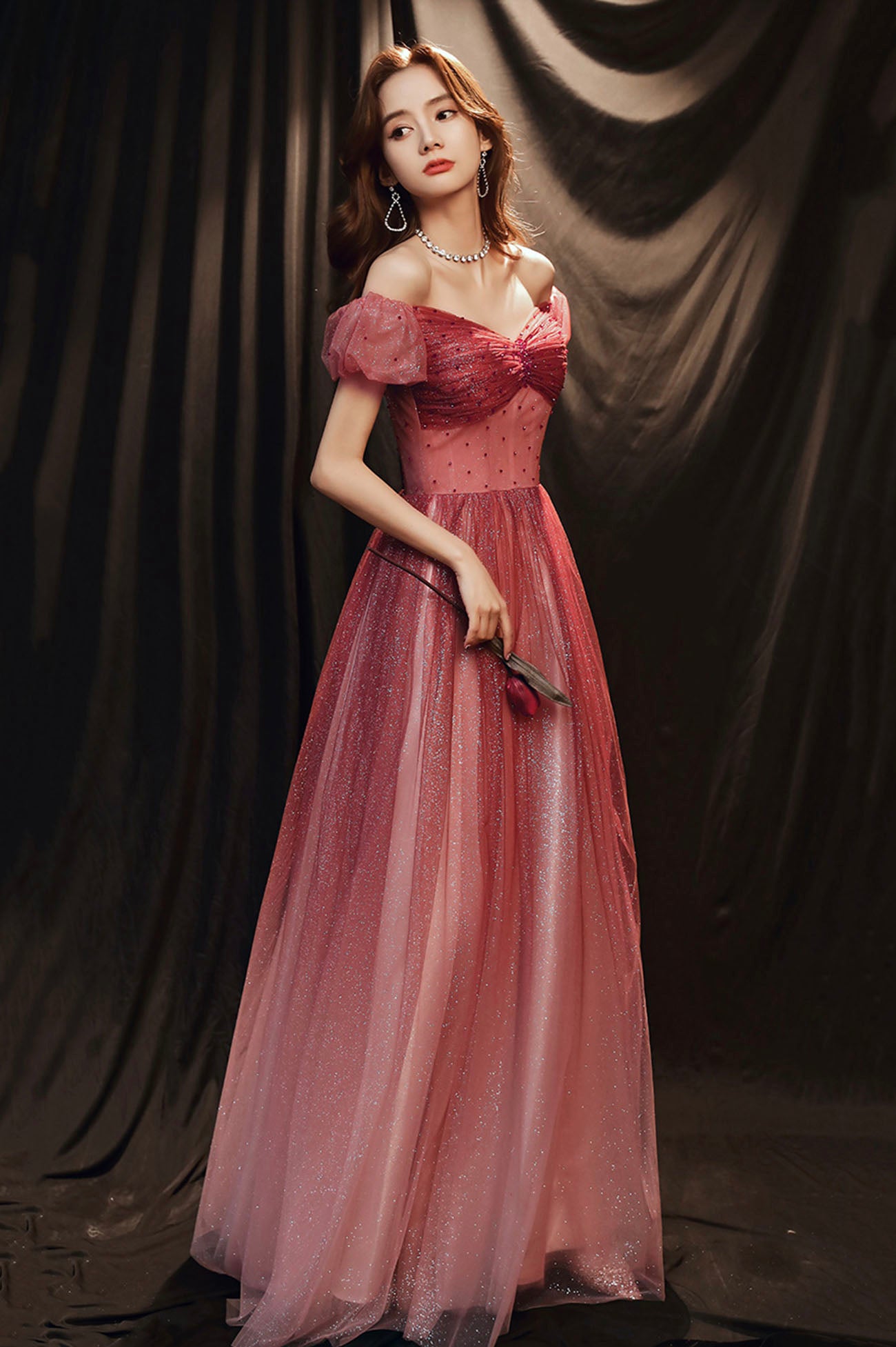 Burgundy Tulle with Beaded A-Line Party Dress, Off the Shoulder Evening Dress