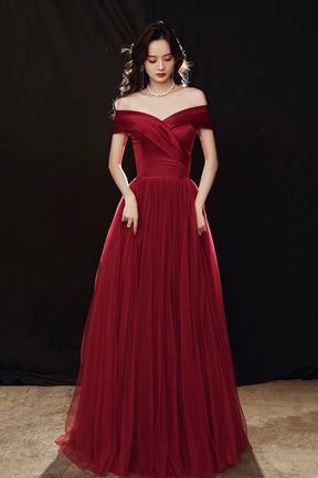 Burgundy Off the Shoulder Tulle Long Prom Dress, A-Line Evening Party Dress