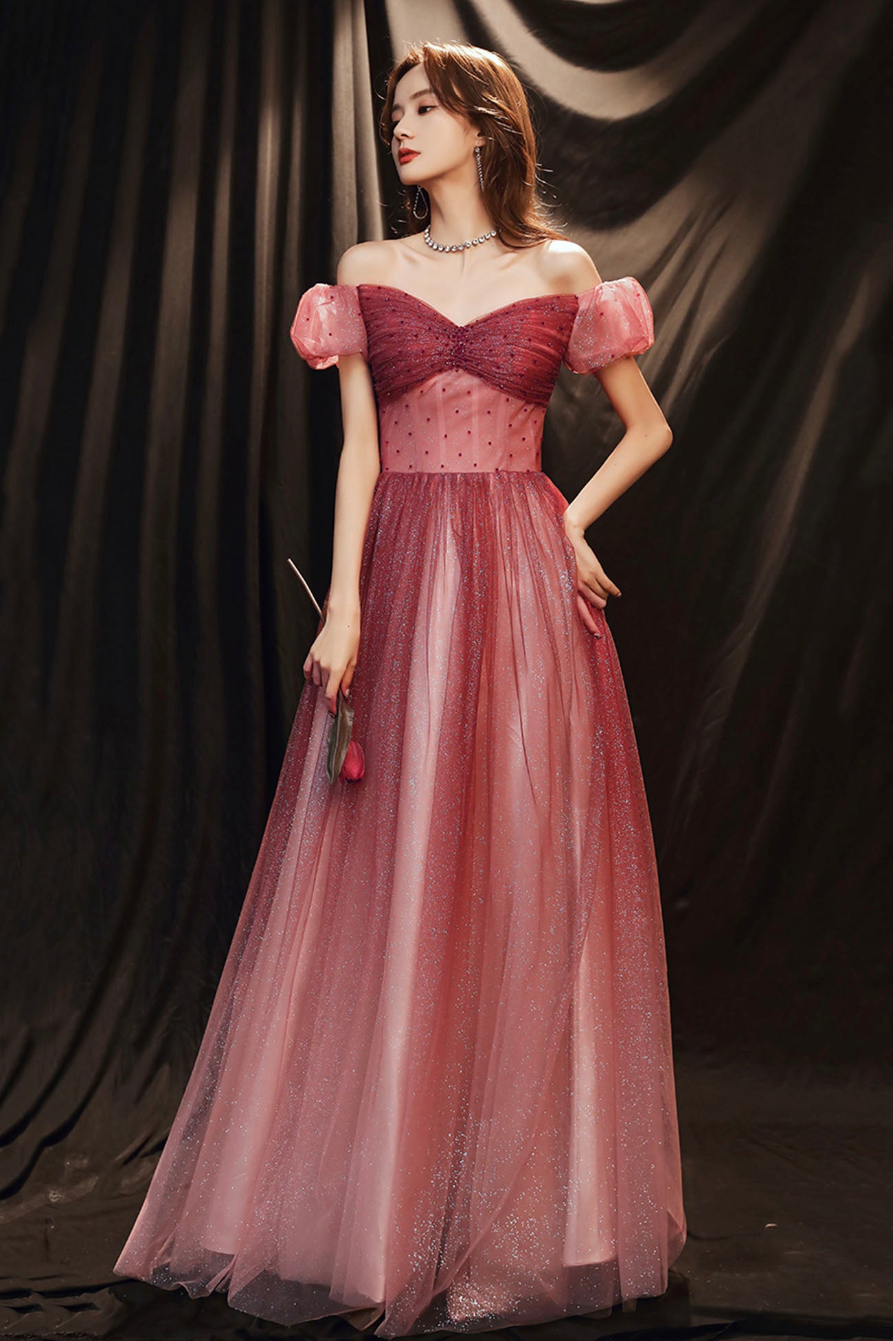 Burgundy Tulle with Beaded A-Line Party Dress, Off the Shoulder Evening Dress