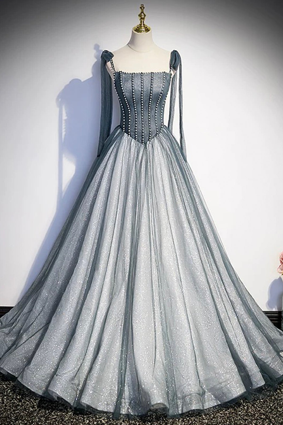 Gray Tulle Long A-Line Prom Dress with Beaded, Spaghetti Straps Gray Evening Dress