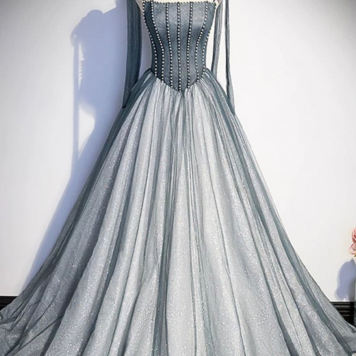 Gray Tulle Long A-Line Prom Dress with Beaded, Spaghetti Straps Gray  Evening Dress