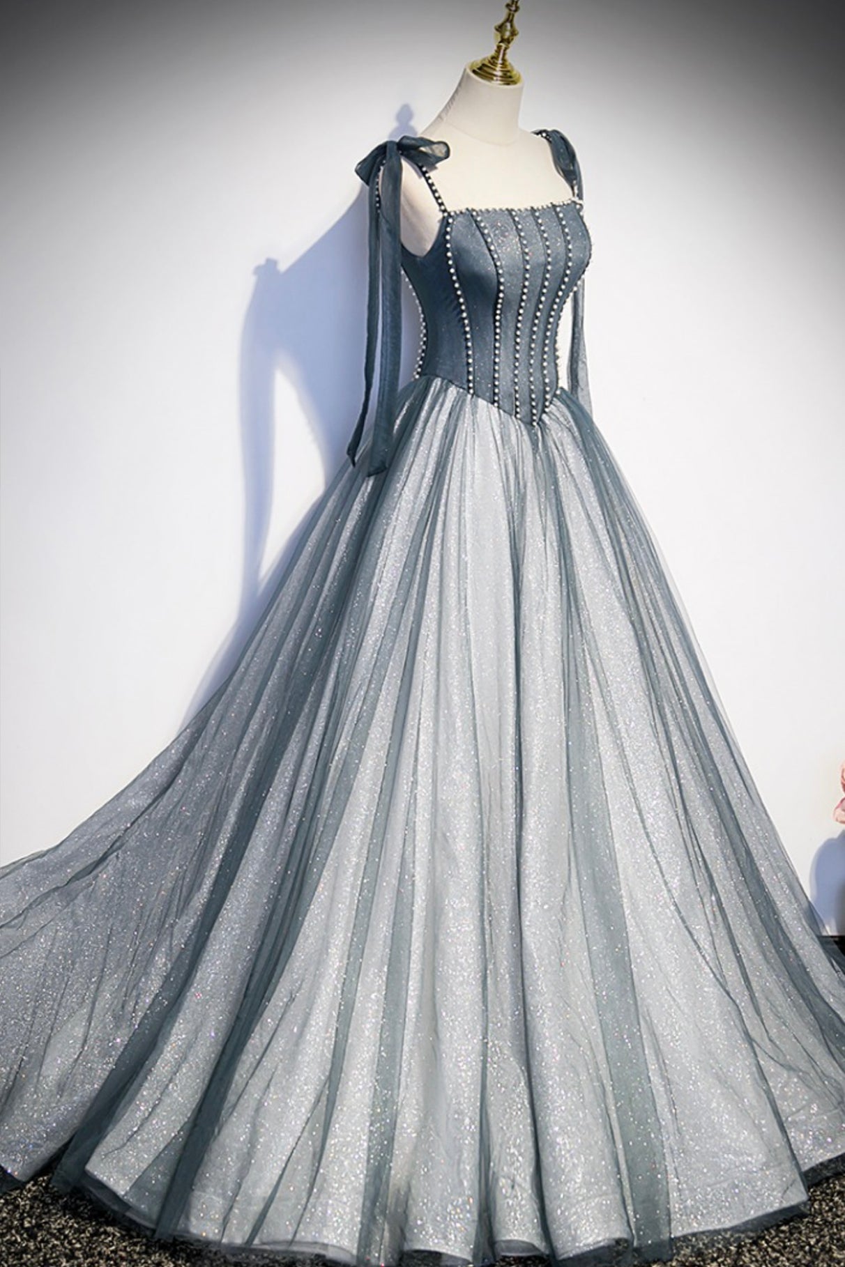 long grey dress Gray Sweetheart A-Line Tulle Lace Prom Dress, Gray Evening Custom Size / Gray and intricate appliques Light Grey A-line Backless Spaghetti