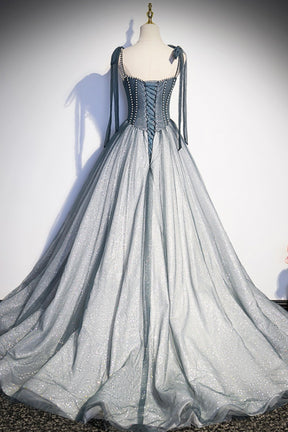 Gray Tulle Long A-Line Prom Dress with Beaded, Spaghetti Straps Gray Evening Dress