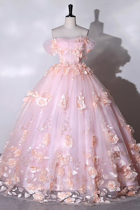 Pink Flowers Sweetheart Ball Gown Formal Dresses, Pink Long Sweet 16 Dresses