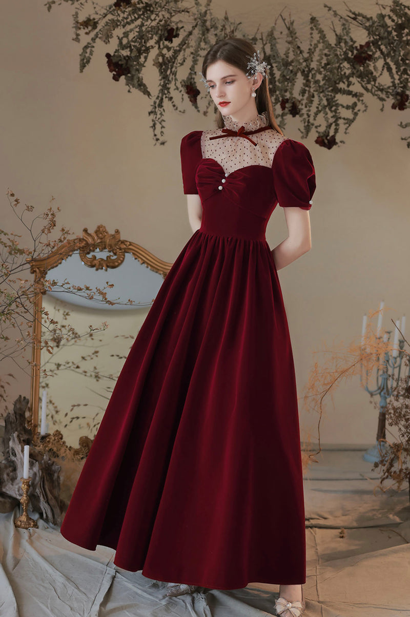 Burgundy Velvet Tea Length Prom Dress, Cute Short Sleeve Evening Party