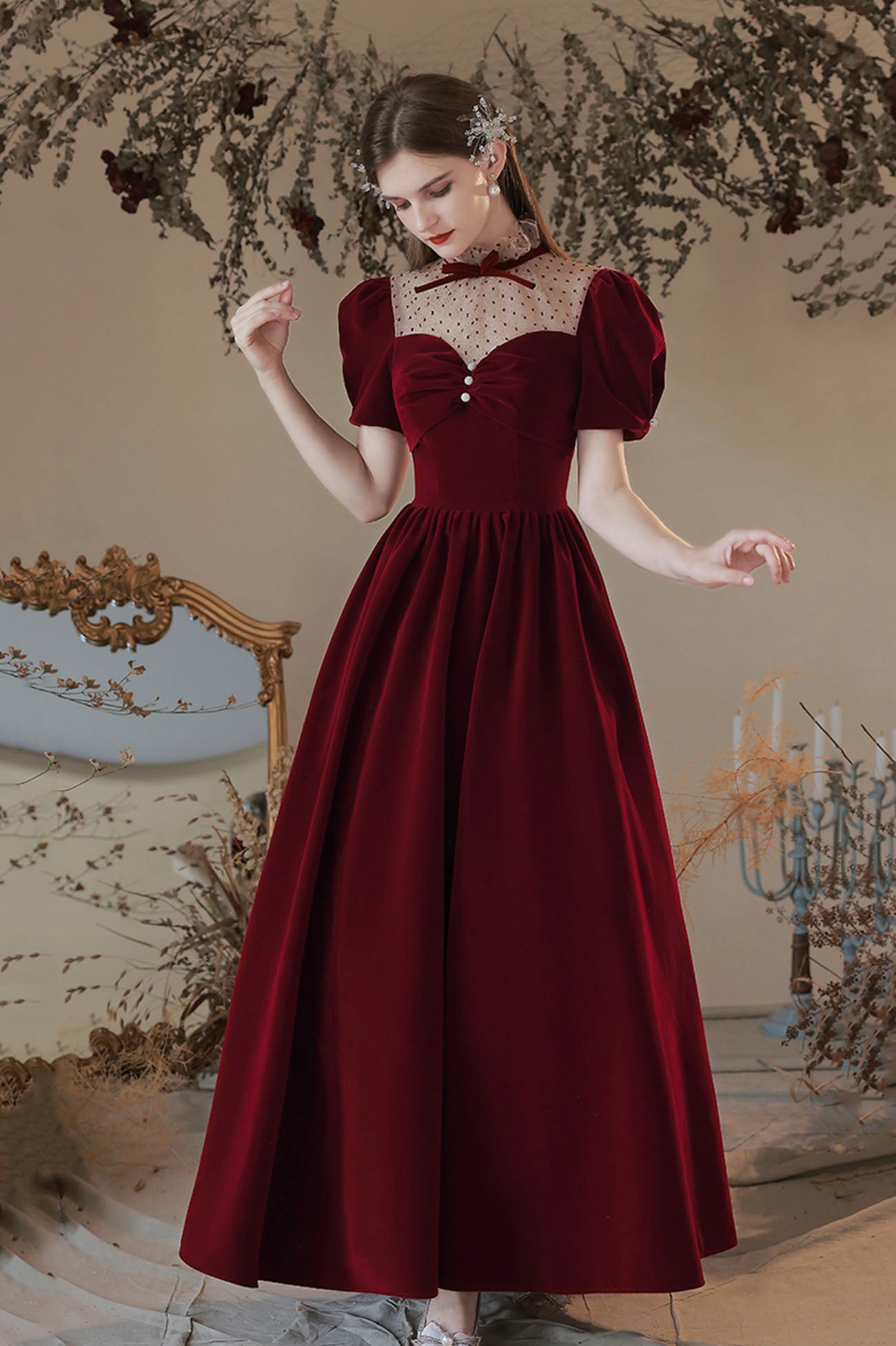 Burgundy Velvet Tea Length Prom Dress, Cute Short Sleeve Evening Party Burgundy Velvet Tea Length Prom Dress, Cute Short Sleeve Evening Party