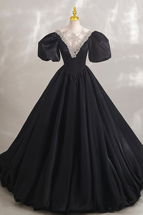 Black Ball Gown with Beaded, Black Short Sleeve Formal Evening Dress