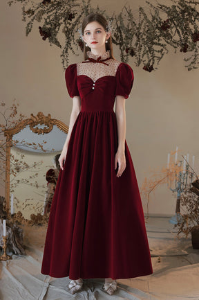 Burgundy Velvet Tea Length Prom Dress, Cute Short Sleeve Evening Party