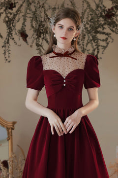 Elegant Burgundy Velvet Tea-Length A-Line Evening Prom Dress