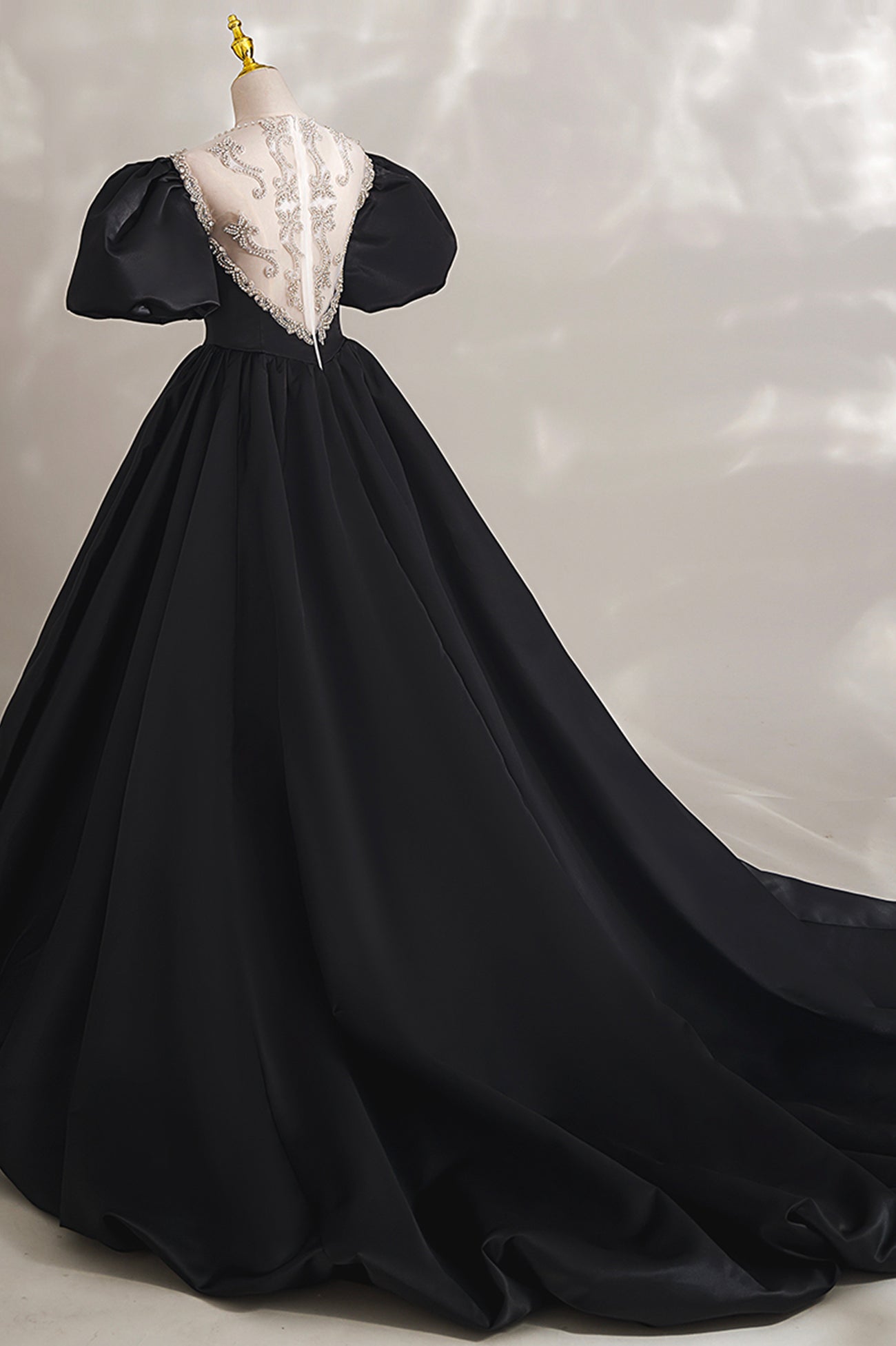 Black Ball Gown with Beaded, Black Short Sleeve Formal Evening Dress