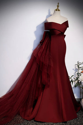 Burgundy Mermaid Long Prom Dress, Off the Shoulder V-Neck Formal Evening Dress