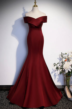 Burgundy Mermaid Long Prom Dress, Off the Shoulder V-Neck Formal Evening Dress