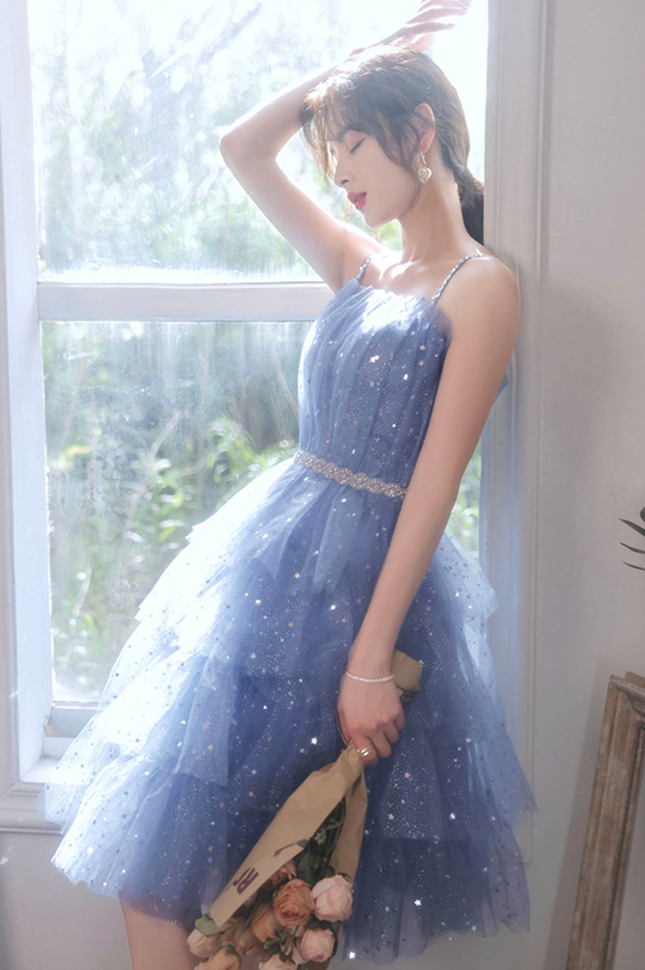 Spaghetti Strap Tulle Short Prom Dress, Cute Blue Homecoming Party Dress