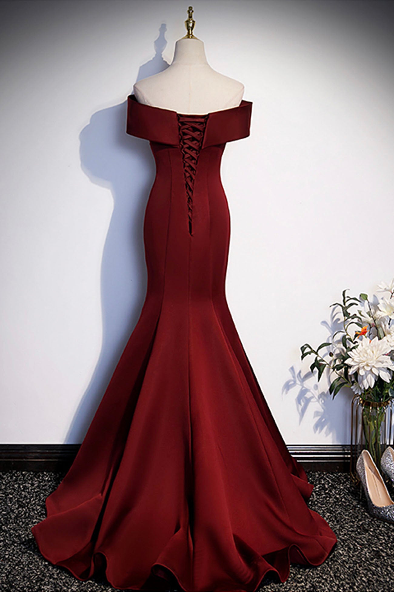 Burgundy Mermaid Long Prom Dress, Off the Shoulder V-Neck Formal Eveni Burgundy Mermaid Long Prom Dress, Off the Shoulder V-Neck Formal Eveni