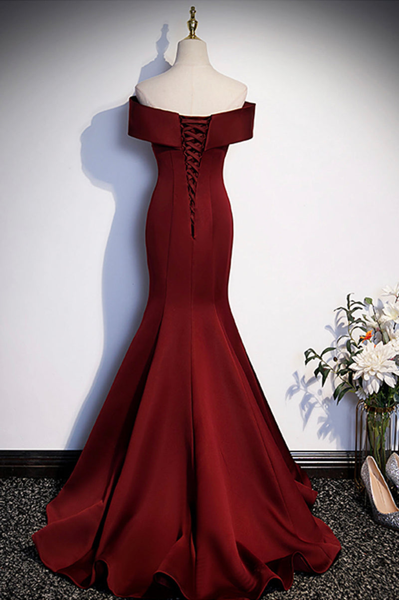 Burgundy Mermaid Long Prom Dress, Off the Shoulder V-Neck Formal Eveni