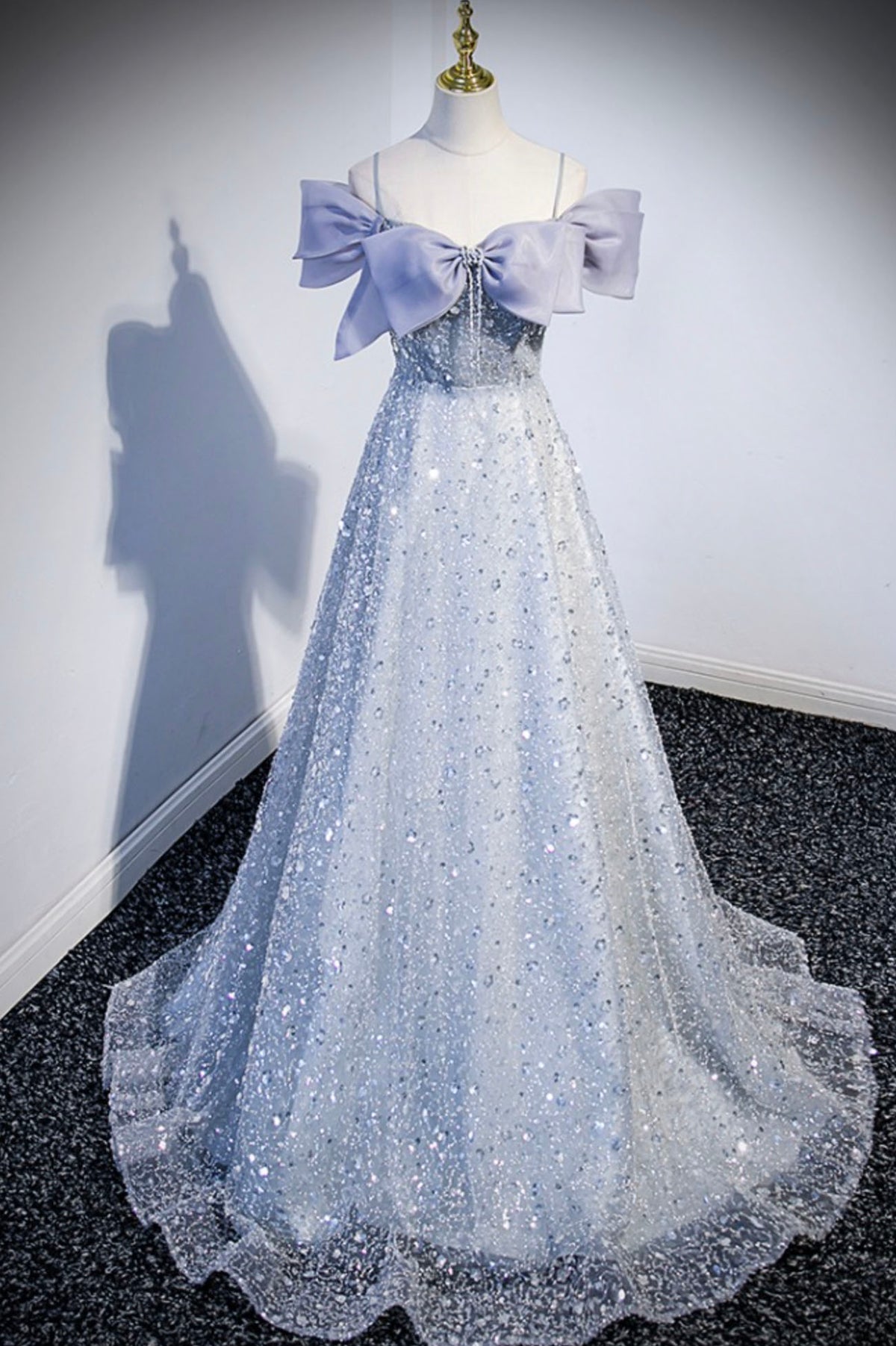 Gray Tulle Beaded Long Prom Dress, Off the Shoulder Evening Dress with Bow
